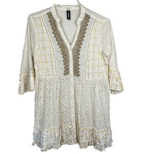 Anthropologie Me 2 Magic Tiered Dress Size L Ivory Eyelet Sheer Cottagecore Boho